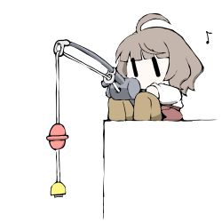 Rule 34 | 1girl, ahoge, blunt bangs, brown footwear, brown hair, chibi, commentary request, dress, dress shirt, fishing rod, halterneck, holding, kantai collection, kishinami (kancolle), no mouth, purple dress, shirt, shoes, short hair, simple background, sitting, solo, task (s task80), wavy hair, white background, white shirt, | |