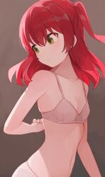Rule 34 | 1girl, arm behind back, bare shoulders, bocchi the rock!, bra, breasts, closed mouth, collarbone, commentary, green eyes, grey background, hair between eyes, highres, hiroki (yyqw7151), kita ikuyo, looking back, navel, one side up, panties, red hair, sidelighting, simple background, small breasts, solo, strap gap, underwear, underwear only