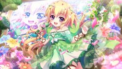 Rule 34 | 1girl, arm ribbon, bare shoulders, blonde hair, blue flower, breasts, brown ribbon, choker, dress, film grain, flower, flower request, game cg, green dress, green skirt, hasegawa mii, holding, holding microphone, ivy, izumi tsubasu, leg ribbon, lens flare, long hair, microphone, non-web source, off-shoulder dress, off shoulder, official art, open mouth, orange flower, petals, pink petals, purple eyes, purple flower, re:stage!, red flower, ribbon, screen, see-through, skirt, small breasts, smile, solo, sparkle, sparkling eyes, teeth, tree, upper teeth only, yellow flower