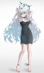 Rule 34 | 1girl, absurdres, ahoge, alternate costume, animal ear fluff, animal ears, ankle ribbon, armpits, arms behind head, arms up, barefoot, black choker, black dress, black halo, blue archive, broken halo, choker, closed mouth, commentary, dress, expressionless, grey eyes, grey hair, halo, highres, leg ribbon, long hair, looking at viewer, mismatched pupils, popcat (jung5u), ribbon, shiroko (blue archive), shiroko terror (blue archive), simple background, sleeveless, sleeveless dress, solo, standing, strap slip, toes, white background, wolf ears, wolf girl