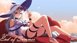 Rule 34 | 1girl, absurdres, arknights, bare legs, bare shoulders, beach, blue shorts, cloud, commentary, cup, drinking glass, english commentary, eyewear on head, hand up, hat, highres, holding, holding cup, infection monitor (arknights), kasasasagi, knee up, legs, long hair, looking at viewer, low-tied long hair, lying, navel, off-shoulder shirt, off shoulder, official alternate costume, on back, outdoors, parted lips, sandals, shirt, short sleeves, shorts, silver hair, skadi (arknights), skadi (waverider) (arknights), sky, solo, sunglasses, sunglasses on head, thigh strap, thighs, tinted eyewear, very long hair, white hat, white shirt