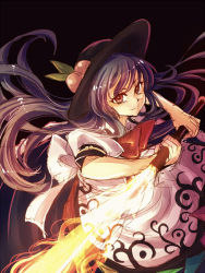 1girl female_focus food fruit hat hinanawi_tenshi light_purple_hair long_hair looking_at_viewer namuko peach puffy_sleeves red_eyes shirt skirt smile solo sword_of_hisou touhou very_long_hair