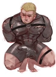 Rule 34 | 1boy, akiyama (aki11018655), arms behind back, bara, blonde hair, bodysuit, bulge, chest harness, covered abs, covered erect nipples, covered navel, erection, erection under clothes, eyebrow cut, facial hair, frown, goatee, harness, highres, large pectorals, long sideburns, looking to the side, male focus, mature male, muscular, muscular male, o-ring, o-ring top, original, pectorals, scar, scar across eye, short hair, sideburns, solo, squatting, tearing up, thick eyebrows, thick thighs, thighs, torn bodysuit, torn clothes