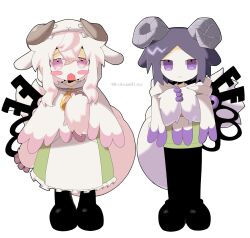 Rule 34 | 1boy, 1girl, anemone (kokum0tsu), blush stickers, brother and sister, closed mouth, dress, full body, fur trim, goat, goat hood, goat horns, hand to own chest, highres, hood, hood down, hood up, horns, humanization, kokum0tsu, looking at viewer, monster boy, monster girl, open mouth, original, own hands clasped, pink eyes, pink hair, poncho, purple hair, short hair, siblings, tail, twins, white background, wing