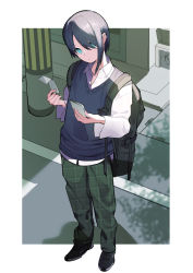 Rule 34 | 1girl, absurdres, backpack, bag, black footwear, black hair, blue eyes, cellphone, closed mouth, collared shirt, day, dress shirt, eyes visible through hair, green pants, hair over one eye, head tilt, highres, holding, holding phone, long sleeves, looking at viewer, omucchan (omutyuan), original, pants, phone, plaid, plaid pants, shirt, shoes, short hair, solo, standing, sweater vest, unmoving pattern, white shirt