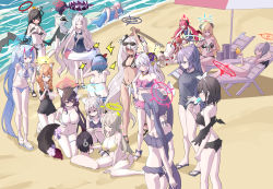Rule 34 | &gt; &lt;, 1boy, 6+girls, ?, absurdly long hair, ahoge, akari (blue archive), ako (blue archive), alternate costume, alternate hairstyle, anger vein, animal ear fluff, animal ears, armpits, arms behind back, arms up, ayane (blue archive), ayane (swimsuit) (blue archive), azusa (blue archive), azusa (swimsuit) (blue archive), bare shoulders, beach, bead necklace, beads, belt, bikini, black bikini, black hair, black hairband, black one-piece swimsuit, black shirt, black wings, blue archive, blue eyes, blue hair, blush, blush stickers, breasts, buried, cat ears, chise (blue archive), chise (swimsuit) (blue archive), cleavage, closed eyes, closed mouth, collarbone, commentary request, competition swimsuit, cup, dark skin, demon horns, demon wings, drinking glass, eyewear on head, flip-flops, flower, flying sweatdrops, food, food in mouth, fox ears, fox tail, frilled one-piece swimsuit, frills, from above, from behind, full body, green eyes, grey background, grey hair, hair between eyes, hair flower, hair ornament, hairband, hairclip, halo, haruna (blue archive), haruna (swimsuit) (blue archive), heart, highres, hina (blue archive), hina (swimsuit) (blue archive), holding, holding cup, holding sword, holding weapon, horns, hoshino (blue archive), hoshino (swimsuit) (blue archive), index fingers together, iori (blue archive), iori (swimsuit) (blue archive), izumi (blue archive), izumi (swimsuit) (blue archive), jewelry, junko (blue archive), kneeling, large breasts, long hair, looking at another, low wings, lying, mari (blue archive), mari (swimsuit) (blue archive), mashiro (blue archive), mashiro (swimsuit) (blue archive), mismatched pupils, multi-strapped bikini bottom, multiple girls, navel, necklace, nonomi (blue archive), nonomi (swimsuit) (blue archive), ocean, octopus, off-shoulder bikini, off shoulder, on back, on stomach, one-piece swimsuit, orange hair, own hands clasped, own hands together, parasol, pink hair, ponytail, popsicle, popsicle in mouth, puff of air, purple eyes, purple hair, red bikini, red eyes, sandals, school swimsuit, sensei (blue archive), serika (blue archive), serika (swimsuit) (blue archive), shaded face, shiroko (blue archive), shiroko (swimsuit) (blue archive), shirt, short sleeves, side-tie bikini bottom, sidelocks, sitting, smile, spaghetti strap, squatting, squiggle, standing, stomach, striped bikini, striped clothes, sunglasses, sweatdrop, swimsuit, sword, tail, thighlet, tonomiya68, top-down bottom-up, trapped, tsurugi (blue archive), tsurugi (swimsuit) (blue archive), twintails, two side up, umbrella, very long hair, wakamo (blue archive), wakamo (swimsuit) (blue archive), walking, wariza, weapon, white bikini, winged halo, wings, wooden sword, yellow bikini, yellow eyes, yuuka (blue archive)