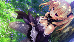 Rule 34 | 10s, 1girl, argyle, argyle clothes, argyle legwear, bare shoulders, blonde hair, blush, breasts, cleavage, dappled sunlight, detached collar, detached sleeves, dress, flower, game cg, grass, highres, long hair, miniskirt, nora to oujo to noraneko heart, on ground, oozora itsuki, open mouth, outdoors, pantyhose, patricia of end, pleated skirt, purple eyes, scrunchie, sitting, skirt, solo, strapless, sunlight, tree, twintails, wariza