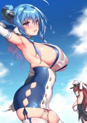 Rule 34 | 2girls, ahoge, armpits, arms behind head, arms up, azur lane, bare shoulders, blue hair, blue sky, breasts, buttons, cleavage, clothing cutout, day, dress, elbow gloves, from side, fuya (tempupupu), gloves, hair ornament, hat, honolulu (azur lane), large breasts, long hair, looking at viewer, multiple girls, parted lips, peaked cap, purple eyes, red hair, side cutout, sideboob, sidelocks, skindentation, sky, st. louis (azur lane), strapless, strapless dress, sweat, tube dress, twintails, white gloves