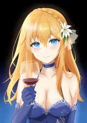 Rule 34 | 1girl, absurdres, bare shoulders, blonde hair, blue choker, blue dress, blue eyes, blue gloves, blush, braid, breasts, choker, cleavage, closed mouth, codename696, collarbone, commentary, commission, cup, dress, drinking glass, elbow gloves, evening gown, flower, girls&#039; frontline, gloves, hair flower, hair ornament, highres, holding, holding cup, large breasts, lips, long hair, looking at viewer, mosin-nagant (girls&#039; frontline), mosin-nagant (moonlit ocean) (girls&#039; frontline), multicolored background, official alternate costume, red wine, skeb commission, smile, solo, upper body, wine glass