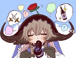 Rule 34 | !, 1girl, :&lt;, ?, animal ears, arknights, black gloves, blue background, blush, bokiboki333, bottle, brown hair, closed eyes, closed mouth, commentary request, facing viewer, flower, flower on head, gloves, hair between eyes, hand up, horns, long sleeves, pallas (arknights), puffy long sleeves, puffy sleeves, red flower, red rose, rose, solo, spoken exclamation mark, spoken question mark, two-tone background, upper body, veil, white background