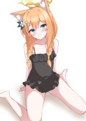 Rule 34 | 1girl, absurdres, animal ears, arms behind back, bare legs, black one-piece swimsuit, blue archive, blue eyes, blush, braid, covered navel, flower, fox ears, fox girl, from above, full body, hair between eyes, hair flower, hair ornament, halo, highres, kabocya na, long hair, looking at viewer, looking up, mari (blue archive), mari (swimsuit) (blue archive), one-piece swimsuit, orange hair, pale skin, sitting, skin tight, smile, spaghetti strap, swimsuit, thighs, twin braids, twintails, white flower
