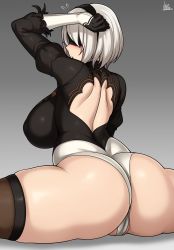 Rule 34 | 1girl, 2b (nier:automata), absurdres, ass, black thighhighs, blindfold, breasts, cleft of venus, from behind, grey background, heattech leotard, highres, huge ass, jmg, large breasts, looking back, nier:automata, nier (series), split, thighhighs, thighs, turtleneck, white hair