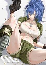 Rule 34 | 1girl, abs, anagumasan, black gloves, blue eyes, blue hair, breasts, bullet hole, cleavage, collarbone, combat knife, dog tags, gloves, green jacket, green shorts, gun, h&amp;k mp5k, hair between eyes, heckler &amp; koch, highres, jacket, knife, large breasts, leona heidern, looking at viewer, midriff, military, military uniform, muscular, muscular female, navel, open clothes, open jacket, open shirt, parted lips, shadow, shell casing, shorts, sidelocks, sitting, solo, stomach, submachine gun, sweatdrop, tank top, the king of fighters, the king of fighters xv, uniform, weapon