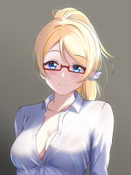 Rule 34 | 1girl, absurdres, ayase eli, birthday, blonde hair, blue eyes, borgbutler, breasts, cleavage, glasses, highres, long sleeves, looking at viewer, love live!, love live! school idol project, medium breasts, ponytail, shirt, simple background, smile, solo, white shirt