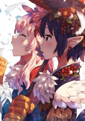Rule 34 | 2girls, blush, closed eyes, earrings, feathers, flower, from side, hair flower, hair ornament, highres, japanese clothes, jewelry, kanzashi, kimono, long hair, mano (narumi arata), multiple girls, narumi arata, new year, open mouth, original, pink hair, pointy ears, recri (narumi arata), red eyes, revision, upper body, white background