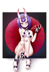 Rule 34 | 1girl, artist name, ass, blush, bowl, breasts, character name, fate/grand order, fate (series), feet, highres, holding, holding bowl, kanachirou, looking at viewer, medium breasts, purple eyes, purple hair, shuten douji (fate), sitting, smile, solo, toes, twitter username