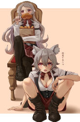 2girls absurdres ahoge animal_ear_fluff animal_ears bag belt black_corset black_footwear black_thighhighs blush breasts cat_ears cat_girl chicken_(food) cleavage corset dog_ears dog_girl eating food fried_chicken full_body grey_hair hair_between_eyes highres holding holding_bag jacket kaneko_ryou knees_up large_breasts long_hair looking_at_viewer multiple_girls mushoku_tensei on_chair on_ground open_mouth paper_bag partially_unbuttoned pursena_adoldia ranoa_magic_academy_school_uniform red_eyes red_skirt rinia_dedoldia school_uniform short_hair simple_background sitting skirt slit_pupils thighhighs very_long_hair white_jacket