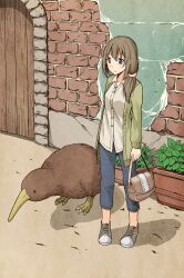Rule 34 | 1girl, animal, bag, bird, blue pants, blush, brick wall, brown hair, cardigan, closed mouth, collared shirt, commentary request, crack, cracked wall, denim, dress shirt, expressionless, full body, green cardigan, green eyes, hair ornament, hair over shoulder, hair scrunchie, handbag, highres, holding, holding bag, jeans, kiwi (bird), looking at animal, looking down, low ponytail, open cardigan, open clothes, original, outdoors, oversized animal, pants, pigeon-toed, plant, potted plant, scrunchie, shadow, shirt, shoes, sneakers, solo, standing, white shirt, wooden door, yuuki koutarou