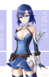 Rule 34 | 1girl, bare shoulders, black panties, blue dress, blue eyes, blue gloves, blue hair, breasts, catria (fire emblem), character name, cleavage, collarbone, copyright name, dated, dress, elbow gloves, fingerless gloves, fire emblem, fire emblem: mystery of the emblem, fire emblem awakening, fire emblem heroes, gloves, headband, highres, large breasts, nintendo, panties, pantyshot, pegasus knight uniform (fire emblem), ryuusaki rei, short hair, smile, solo, strapless, strapless dress, thighhighs, underwear, white headband