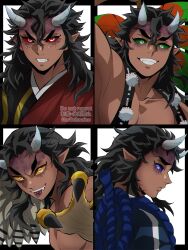 Rule 34 | 4boys, :p, a4h2maico, absurdres, aizetsu (kimetsu no yaiba), black border, black hair, black sclera, blue eyes, border, colored sclera, cracked skin, dark-skinned male, dark skin, demon, demon boy, demon horns, fangs, feathered wings, from above, furrowed brow, green eyes, hantengu (kimetsu no yaiba), highres, horns, japanese clothes, karaku (kimetsu no yaiba), kimetsu no yaiba, kimono, long hair, looking at viewer, male focus, multiple boys, oni, oni horns, open mouth, pointy ears, red eyes, sekido (kimetsu no yaiba), smile, talons, teeth, text in eyes, text in mouth, tongue, tongue out, topless male, twitter username, upper body, urogi (kimetsu no yaiba), v-shaped eyebrows, watermark, white background, wings, yellow eyes