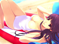Rule 34 | 1girl, bare legs, breasts, cleavage, large breasts, long hair, looking at viewer, lying, on back, one-piece swimsuit, original, smile, solo, suke akurou, swimsuit