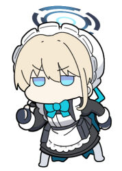 Rule 34 | 1girl, apron, black dress, black gloves, blonde hair, blue archive, blue bow, blue eyes, bow, chibi, dress, fingerless gloves, frilled apron, frills, full body, gloves, grey pantyhose, hair between eyes, halo, hat, juliet sleeves, long sleeves, maid, maid apron, maid headdress, mob cap, no shoes, nyaru (nyaru 4126), pantyhose, puffy sleeves, simple background, solo, standing, thumbs up, toki (blue archive), v-shaped eyebrows, white apron, white background, white hat
