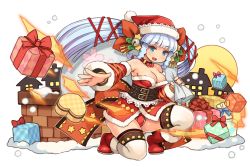 Rule 34 | bell, blue hair, blunt bangs, box, braid, breasts, brown hair, cleavage, collar, detached sleeves, full body, fullbokko heroes, gift, gift box, hair bell, hair ornament, hair ribbon, highres, large breasts, light blue hair, official art, open mouth, ribbon, round teeth, santa costume, shigatake, snowing, solo, squatting, teeth, twin braids, upper teeth only