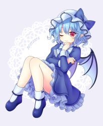 Rule 34 | 1girl, alternate costume, bare legs, bat wings, blue bow, blue dress, blue footwear, blue hair, blue theme, bow, closed mouth, dress, hat, hat bow, highres, juliet sleeves, long sleeves, looking at viewer, mob cap, nail polish, one eye closed, pointy ears, puffy sleeves, red eyes, remilia scarlet, shoes, smile, socks, solo, touhou, white socks, wings, wrist cuffs, yamayu