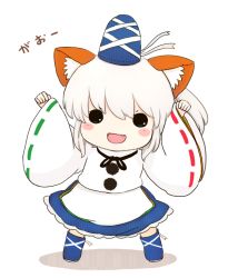 Rule 34 | 1girl, :d, arms up, blush stickers, chibi, fang, hat, kemonomimi mode, legs apart, long sleeves, mononobe no futo, open mouth, rei (tonbo0430), simple background, smile, solid circle eyes, solo, touhou, white background, white hair, wide sleeves