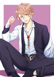 Rule 34 | 1boy, a3!, belt, black jacket, black pants, black ribbon, black socks, blonde hair, blush, border, brown belt, brown hair, buttons, chigasaki itaru, collarbone, collared shirt, commentary request, dress shirt, eyewear strap, gem, glasses, hand up, jacket, lapels, looking at viewer, male focus, multicolored clothes, multicolored hair, multicolored jacket, neck ribbon, open belt, open clothes, open fly, open jacket, open mouth, outside border, pants, purple background, purple eyes, red gemstone, ribbon, round eyewear, shirt, shirt tucked in, short hair, simple background, sitting, smile, socks, solo, streaked hair, sweatdrop, swept bangs, tayu (canary-san), two-tone jacket, white border, white jacket, white shirt, wing collar