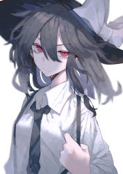 Rule 34 | 1girl, absurdres, black hair, black hat, black necktie, blurry, bow, braid, closed mouth, collared shirt, depth of field, fedora, hair between eyes, hair bow, hat, hat bow, highres, looking at viewer, medium hair, muraryo, necktie, red eyes, shirt, side braid, simple background, single braid, solo, touhou, upper body, usami renko, white background, white bow, white hair