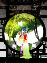 Rule 34 | 1girl, adapted costume, blue hair, chinese clothes, double bun, flower, hair flower, hair ornament, hanfu, kousetsu (nonosuke), light particles, lips, looking at viewer, looking back, miyako yoshika, miyako yoshika (living), nonosuke, purple eyes, short hair, solo, touhou, tree, aged down