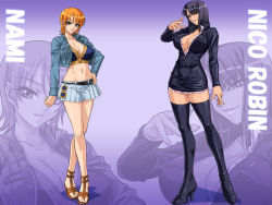 Rule 34 | &gt;:d, 2girls, :d, belt, black hair, black legwear, blue background, boots, breasts, brown eyes, brown footwear, buttons, character name, cleavage, covered erect nipples, crop top, cropped jacket, crossed legs, dress, enies lobby, feet, female focus, fingernails, full body, gradient background, grin, hand on own hip, high heels, jacket, kagami hirotaka, large breasts, leather, legs, lipstick, long fingernails, long hair, long legs, long sleeves, looking at viewer, makeup, microdress, microskirt, midriff, miniskirt, multiple girls, nami (one piece), naughty face, navel, nico robin, no bra, one piece, open clothes, open jacket, open mouth, orange eyes, orange hair, parted bangs, parted lips, pleated skirt, sandals, shadow, shiny clothes, shiny skin, shoes, short hair, sitting, skirt, smile, standing, taut clothes, taut dress, thigh boots, thighhighs, thighs, toes, unzipped, v-shaped eyebrows, wallpaper, watson cross, wide hips, zettai ryouiki, zipper, zoom layer