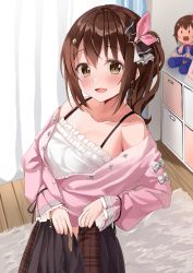 Rule 34 | 1girl, :d, absurdres, blush, bow, breasts, brown eyes, brown hair, camisole, carpet, collarbone, curtains, frilled camisole, frills, hair between eyes, hair bow, hair ornament, highres, hololive, indoors, jacket, long sleeves, matcha (user yyss8744), medium breasts, medium hair, off shoulder, open mouth, pink bow, pink jacket, pleated skirt, ponytail, raised eyebrows, skirt, smile, solo, spaghetti strap, standing, tokino sora, tokino sora (casual), undressing, virtual youtuber, white bow, white camisole