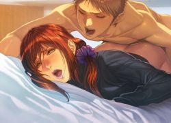 Rule 34 | 1boy, 1girl, ass, blush, bottomless, clothed female nude male, clothed sex, doggystyle, hetero, homare (fool&#039;s art), moaning, nude, on bed, open mouth, red hair, sex, sex from behind