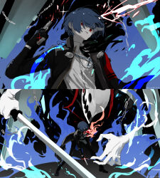 Rule 34 | 1boy, armband, black gloves, black jacket, black ribbon, blue fire, blue hair, chain, collared shirt, commentary request, dark blue hair, digital media player, dust cloud, earphones, evoker, fighting stance, fire, from behind, gekkoukan high school uniform, gloves, gun, headphones, headphones around neck, highres, holding, holding gun, holding sword, holding weapon, jacket, long sleeves, looking at viewer, male focus, multiple views, neck ribbon, open clothes, open jacket, parted lips, persona, persona (summon), persona 3, persona 3 reload, red armband, red eyes, ribbon, s.e.e.s, school uniform, shirt, short hair, size difference, standing, sword, tamaon 2525, thanatos (persona), weapon, white gloves, white shirt, yuuki makoto (persona 3)