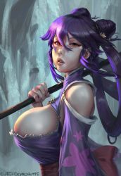 Rule 34 | 1girl, artist name, bare shoulders, breasts, commission, cutesexyrobutts, double bun, face, hair bun, highres, huge breasts, lips, long hair, looking at viewer, original, parted lips, polearm, purple hair, red eyes, signature, solo, weapon