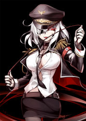 Rule 34 | 1girl, armband, artist name, belt, black background, breasts, cape, cleavage, graf zeppelin (warship girls r), loose necktie, messy hair, mtyy, navel, necktie, pantyhose, red eyes, riding crop, skirt, solo, warship girls r, white hair