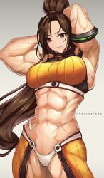 Rule 34 | 1girl, abs, absurdres, armpits, arms up, bad id, bad pixiv id, breasts, brown eyes, brown hair, charcoalaaa, crop top, dungeon and fighter, fighter (dungeon and fighter), highres, large breasts, long hair, looking at viewer, muscular, muscular female, ponytail, scar, smile, solo, stomach, strapless