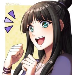 Rule 34 | 1girl, ^^^, ace attorney, adricarra, black hair, blue eyes, blunt bangs, clenched hands, long hair, looking at viewer, maya fey, open mouth, portrait, smile, solo, topknot, twitter username, wristband