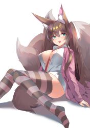 Rule 34 | 1girl, :d, animal ear fluff, animal ears, aqua eyes, between breasts, breasts, brown hair, cleavage, dress shirt, fox ears, fox girl, fox tail, hair between eyes, highres, jacket, kitsune, large breasts, large tail, long hair, long sleeves, looking at viewer, multiple tails, no pants, no shoes, open clothes, open jacket, open mouth, original, pink jacket, plushmallow, shimotsuki shio, shirt, simple background, sitting, smile, solo, striped clothes, striped thighhighs, tail, thighhighs, thighs, twintails, very long hair, white background, white shirt