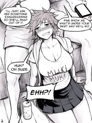 Rule 34 | 1boy, 1girl, alcohol, blush, breasts, can, collarbone, drunk, english text, fang, fat, fat man, greyscale, large breasts, monochrome, nintendo switch, original, peach88, shion (peach88), sitting, skirt, speech bubble, sweat, thought bubble