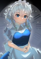 Rule 34 | 1girl, absurdres, apron, black background, blue dress, blue eyes, blush, bow, braid, breasts, buttons, clock, closed mouth, collar, collared shirt, dress, green bow, grey hair, hair between eyes, hair bow, highres, izayoi sakuya, light, looking at viewer, maid, maid headdress, medium breasts, puffy short sleeves, puffy sleeves, shadow, shirt, short hair, short sleeves, smile, solo, touhou, twin braids, user upmj4534, white apron, white bow, white shirt