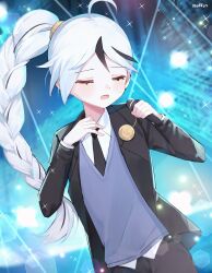 Rule 34 | 1boy, ahoge, black jacket, black pants, blush, braid, braided ponytail, brooch, closed eyes, collared shirt, hands up, high ponytail, highres, holding, holding microphone, idol, jacket, jewelry, library of ruina, long hair, long sleeves, love mintchoco, male focus, microphone, multicolored hair, open mouth, pants, project moon, purple sweater vest, shirt, solo, stage lights, streaked hair, sweater vest, very long hair, white hair, white shirt, wing collar, yan vismok