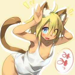 Rule 34 | 1girl, :d, ahoge, animal ears, armpits, blonde hair, blue eyes, blush, cat ears, cat tail, eyebrows, fang, flat chest, heterochromia, looking at viewer, mizuki kotora, nipple slip, nipples, open mouth, original, panties, see-through, short hair, simple background, smile, solo, speech bubble, tail, tank top, thick eyebrows, underwear, underwear only, yellow eyes