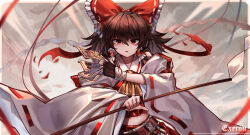 Rule 34 | 1girl, absurdres, artist name, ascot, bare shoulders, bow, brown hair, detached sleeves, gohei, hair between eyes, hair bow, hair tubes, hakurei reimu, highres, holding, japanese clothes, long hair, navel, nontraditional miko, ofuda, open mouth, red bow, red eyes, red skirt, ribbon-trimmed sleeves, ribbon trim, sidelocks, skirt, solo, top-exerou, touhou, upper body, white sleeves, wide sleeves, yellow ascot