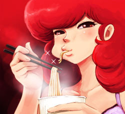 Rule 34 | 1girl, bad id, bad pixiv id, chopsticks, close-up, cup ramen, eating, food, lafolie, long hair, maison ikkoku, noodles, ramen, red background, red eyes, red hair, red theme, roppongi akemi, smile, solo, steam