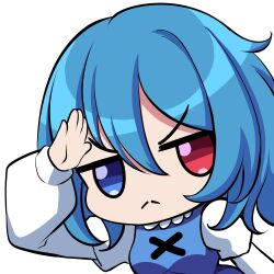 Rule 34 | 1girl, :&lt;, blue eyes, blue hair, bmkro, closed mouth, commentary, commission, english commentary, frown, heterochromia, long sleeves, looking at viewer, lowres, red eyes, salute, short hair, solo, tatara kogasa, touhou, transparent background, upper body
