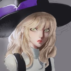 Rule 34 | 1girl, black hat, blonde hair, bow, green eyes, grey background, hat, hat bow, highres, kirisame marisa, lips, long hair, looking at viewer, parted lips, portrait, purple bow, red lips, rye (hyn uka), shirt, simple background, solo, touhou, white shirt