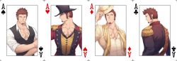 Rule 34 | 00047, 1boy, ace (playing card), ace of clubs, ace of diamonds, ace of hearts, ace of spades, alternate costume, back, bara, beige jacket, beige shirt, black vest, blue eyes, brown hair, club (shape), cross scar, diamond (shape), epaulettes, facial hair, fate/grand order, fate (series), from side, frown, goatee, hat, unworn hat, unworn headwear, heart, highres, ladies &amp; gentlemen (fate/grand order), long sideburns, looking at another, looking to the side, male focus, mature male, military, military uniform, muscular, muscular male, napoleon bonaparte (fate), official alternate costume, partially unbuttoned, pectoral cleavage, pectorals, playing card, poker, sash, scar, scar on chest, scarf, shirt, short hair, shoulder sash, sideburns, smile, spade (shape), top hat, uniform, upper body, vest, welcome to the travelling circus!, white shirt, yellow scarf